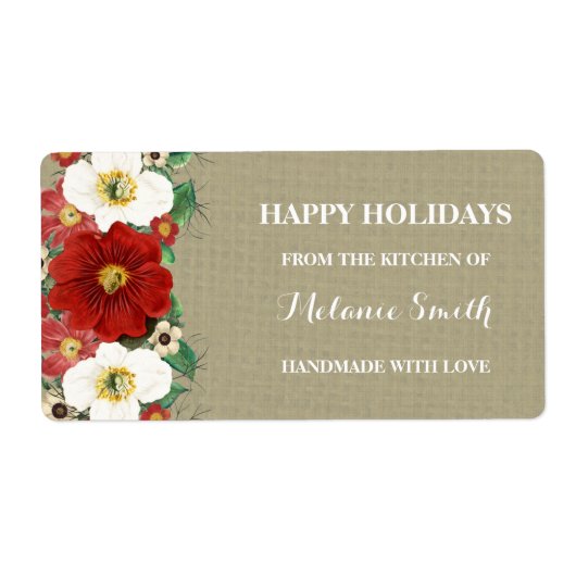Red Floral Burlap Weihnachtsbäckerchen Labels (Vorne)