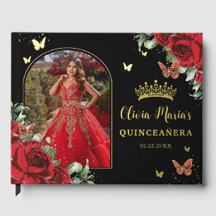Red Floral Butterfells Black Quinceañera Foto Gästebuch