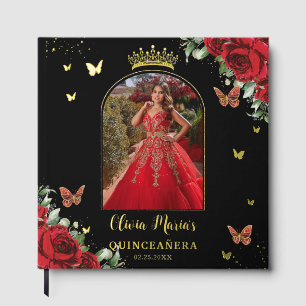 Red Floral Butterfells Black Quinceañera Picture Gästebuch