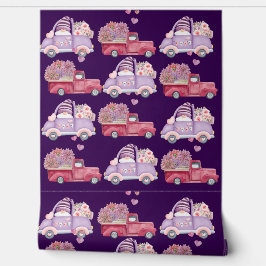 Red Floral Car Gnome Romantic Textured Vinyl Tapete