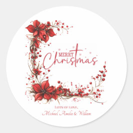 Red Floral Christmas Wreath – Elegant Holiday Runder Aufkleber