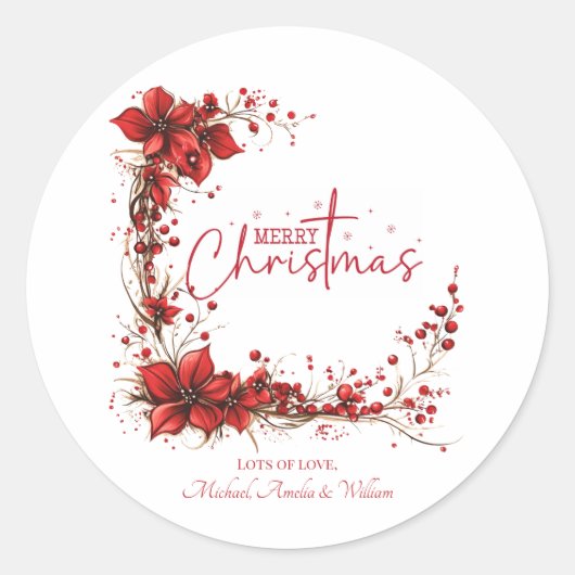 Red Floral Christmas Wreath – Elegant Holiday Runder Aufkleber (Vorderseite)