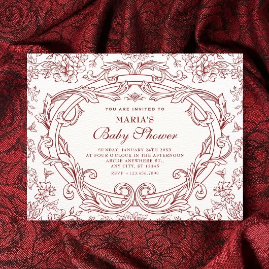 Red Floral classic vintage baby shower Einladung