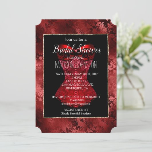 Red Floral Corset Bridal Einladung (Stehend Vorderseite)