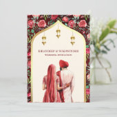 Red Floral Cream Gold Anand Karaj Sikh Wedding Einladung (Stehend Vorderseite)