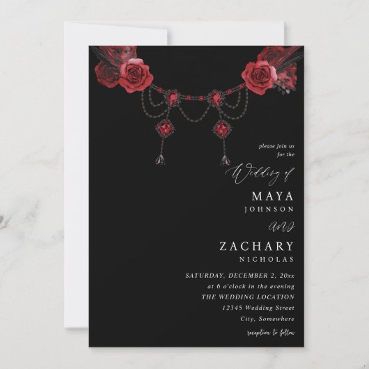 Red Floral & Crystal Wedding - Black Einladung (Vorderseite)