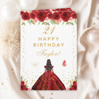 Red Floral Dark Skin Girl Happy Birthday