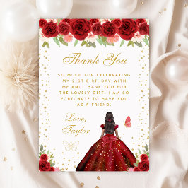 Red Floral Dark Skin Princess Birthday Party Dankeskarte