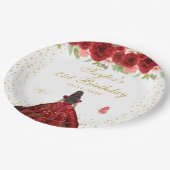 Red Floral Dark Skin Princess Birthday Party Pappteller (Schrägansicht)