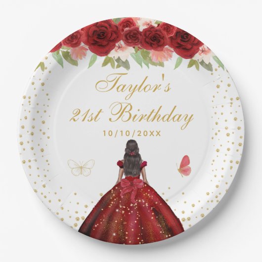 Red Floral Dark Skin Princess Birthday Party Pappteller (Vorderseite)