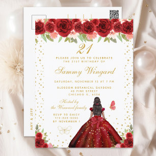 Red Floral Dark Skin Princess Birthday Party Postkarte