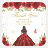 Red Floral Dark Skin Princess Birthday Party Quadratischer Aufkleber (Vorderseite)