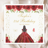 Red Floral Dark Skin Princess Birthday Party Serviette