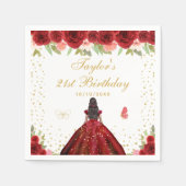 Red Floral Dark Skin Princess Birthday Party Serviette (Vorderseite)