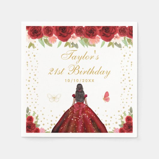 Red Floral Dark Skin Princess Birthday Party Serviette (Vorderseite)