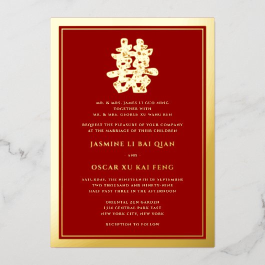 Red Floral Double Happiness Moderne chinesische Ho Folieneinladung (Vorderseite)