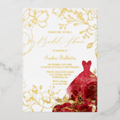Red Floral & Dress Brautparty Gold Blätter Folieneinladung (Vorderseite)