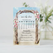 Red Floral Driftwood Beach Arbor Calendar Wedding Save The Date (Stehend Vorderseite)