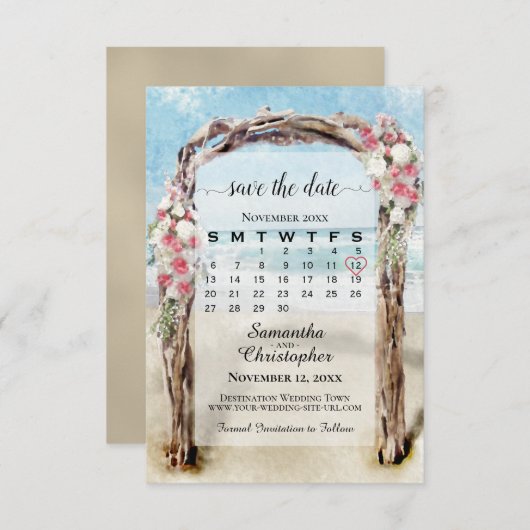 Red Floral Driftwood Beach Arbor Calendar Wedding Save The Date (Vorne/Hinten)