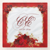 Red Floral Elegant Gold Wedding Monogram Glasuntersetzer (Vorderseite)