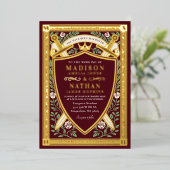 Red Floral Fantasy Swords Shield Monogram Wedding Folieneinladung (Stehend vorne)