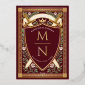 Red Floral Fantasy Swords Shield Monogram Wedding Folieneinladung (Rückseite)