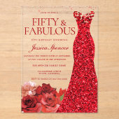 Red Floral Fifty & Fabulous 50th Birthday Party Acryleinladungen (Vorderseite)