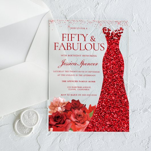 Red Floral Fifty & Fabulous 50th Birthday Party Acryleinladungen