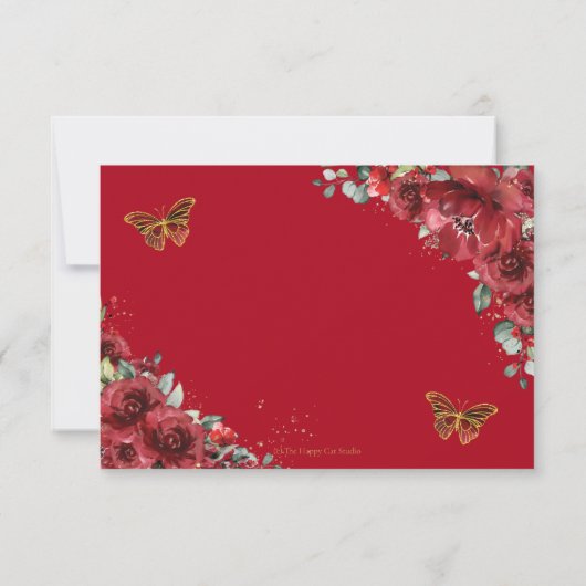 Red Floral Gold Butterflies Quinceañera Antwort (Rückseite)