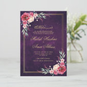 Red Floral Gold Frame muslimische Hochzeit Einladung (Stehend Vorderseite)