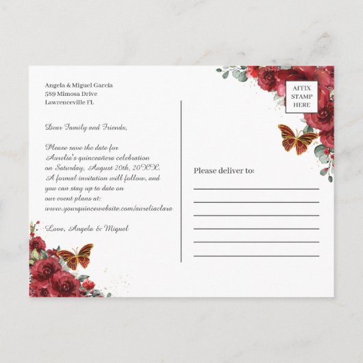 Red Floral Gold Geometric Quinceñera Fotografie Ankündigungspostkarte (Rückseite)