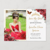 Red Floral Gold Geometric Quinceñera Fotografie Ankündigungspostkarte (Vorderseite)