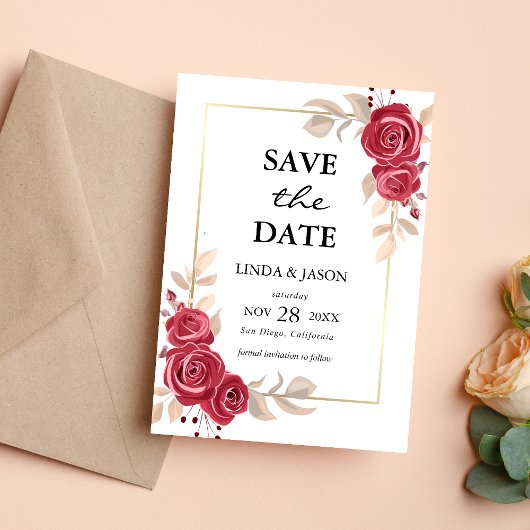 Red Floral Gold Rahmen Wedding Save the Date Card Einladung