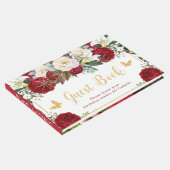 Red Floral Gold Schmetterlinge Foto Quinceañera Gästebuch (Ecke)