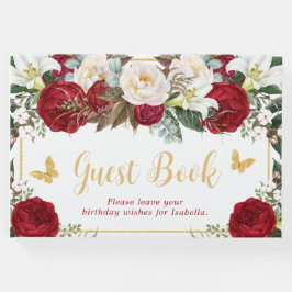 Red Floral Gold Schmetterlinge Foto Quinceañera Gästebuch
