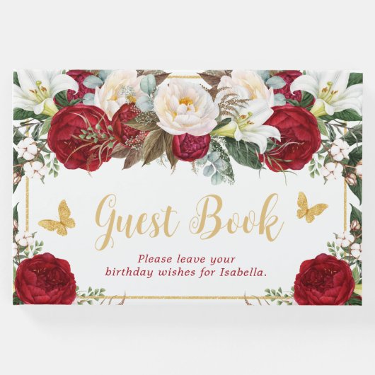 Red Floral Gold Schmetterlinge Foto Quinceañera Gästebuch (Vorderseite)