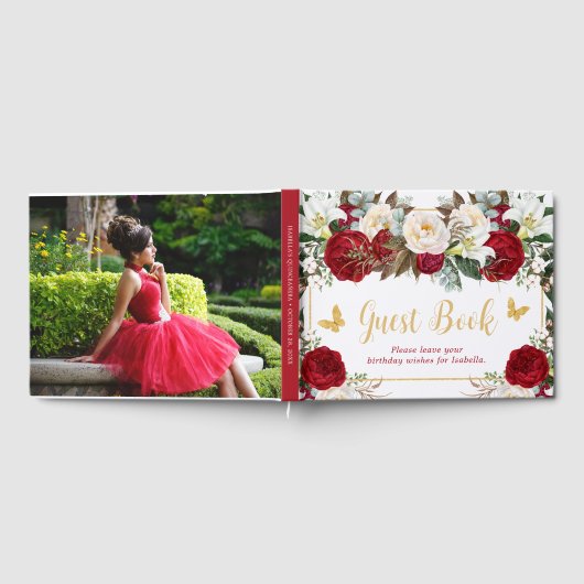Red Floral Gold Schmetterlinge Foto Quinceañera Gästebuch (Voll)