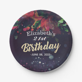 Red Floral Gold Script Lila Pappteller