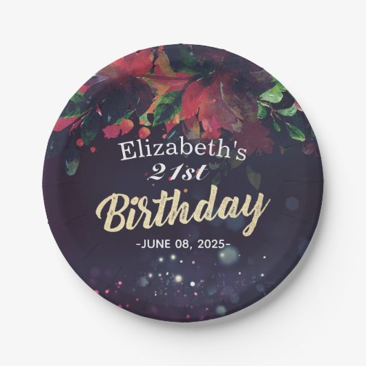 Red Floral Gold Script Lila Pappteller (Vorderseite)