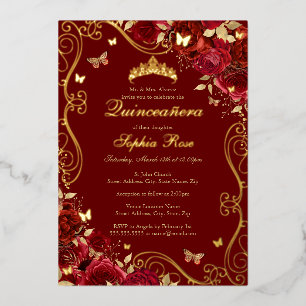 Red Floral Gold Swirl Butterfly Quinceanera Folieneinladung