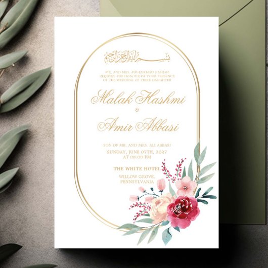 Red Floral Green Verlasse muslimische Hochzeiten Einladung