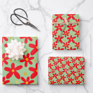 Red Floral Hand Gezeichnet Weihnachtsfeiertage Set Geschenkpapier Set