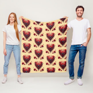 Red Floral Heart Design With Blooming Flowers Fleecedecke