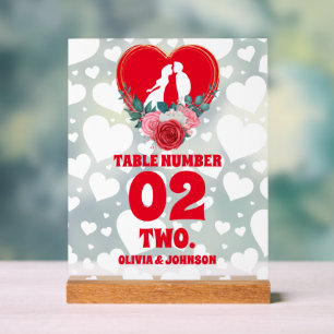 Red Floral Heart Wedding Tischnummer Mattiert Acrylschild