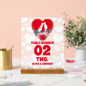 Red Floral Heart Wedding Tischnummer Mattiert Acrylschild (Hochzeit)