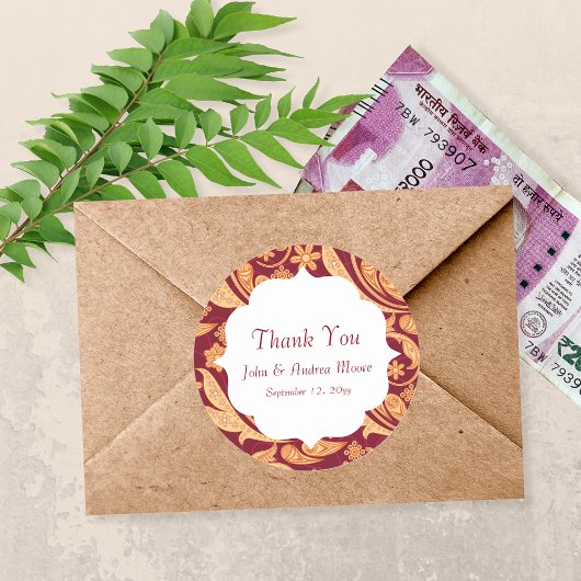 Red Floral Henna Gastgeschenk Hochzeit Runder Aufkleber