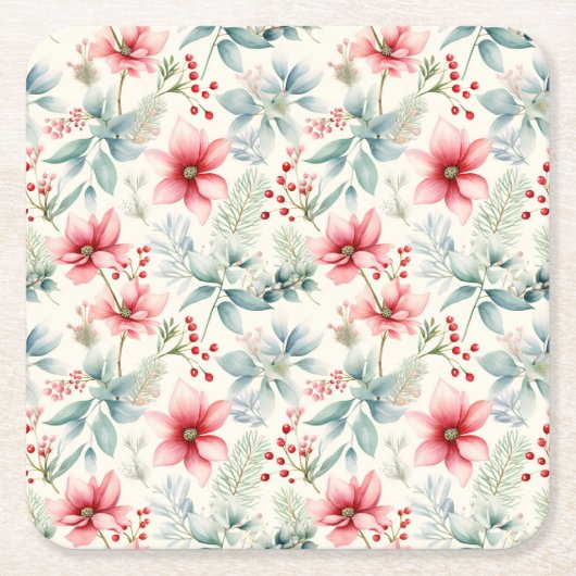 Red Floral Holiday Paper Untersetzer (Vorderseite)