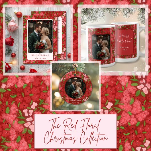 Red Floral Holiday Personalisiertes Foto Keramik Ornament