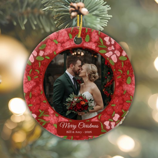 Red Floral Holiday Personalisiertes Foto Keramik Ornament