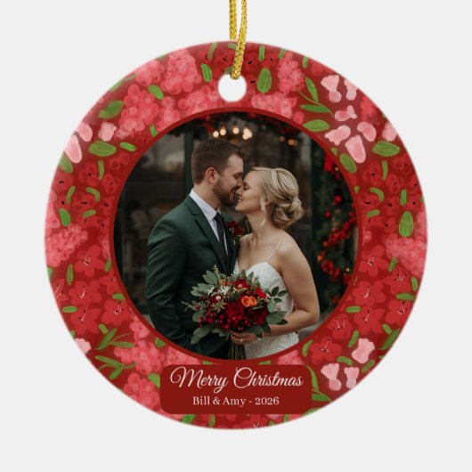 Red Floral Holiday Personalisiertes Foto Keramik Ornament (Vorne)